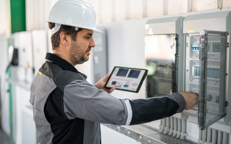 Worker in hard hat at control panel
