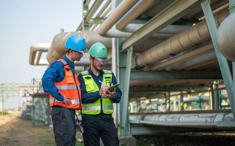Workers in safety gear at pipeline
