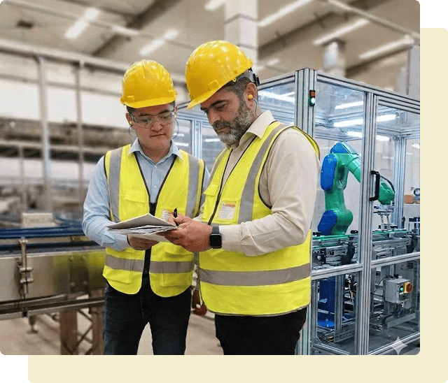 Two men in hard hats examine a tablet while standing in an assembly line, discussing work-related tasks.
