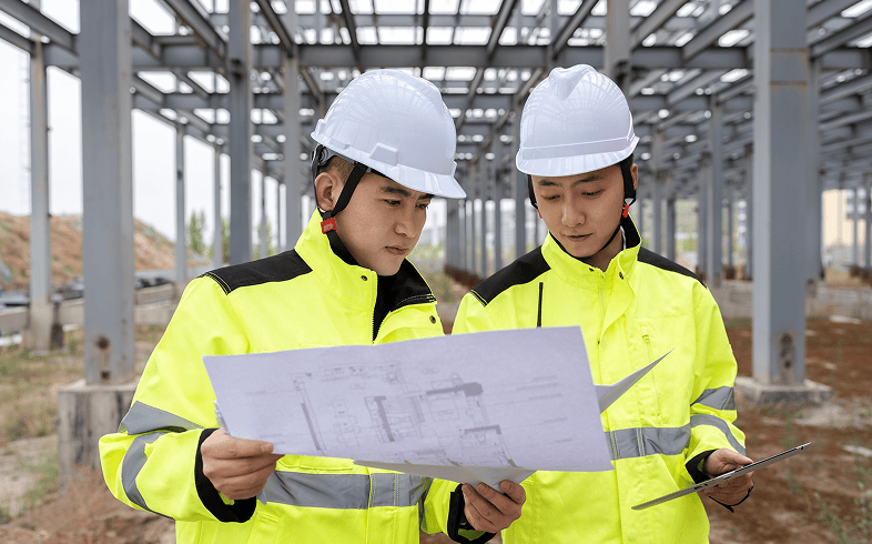 Workers in safety gear discussing project